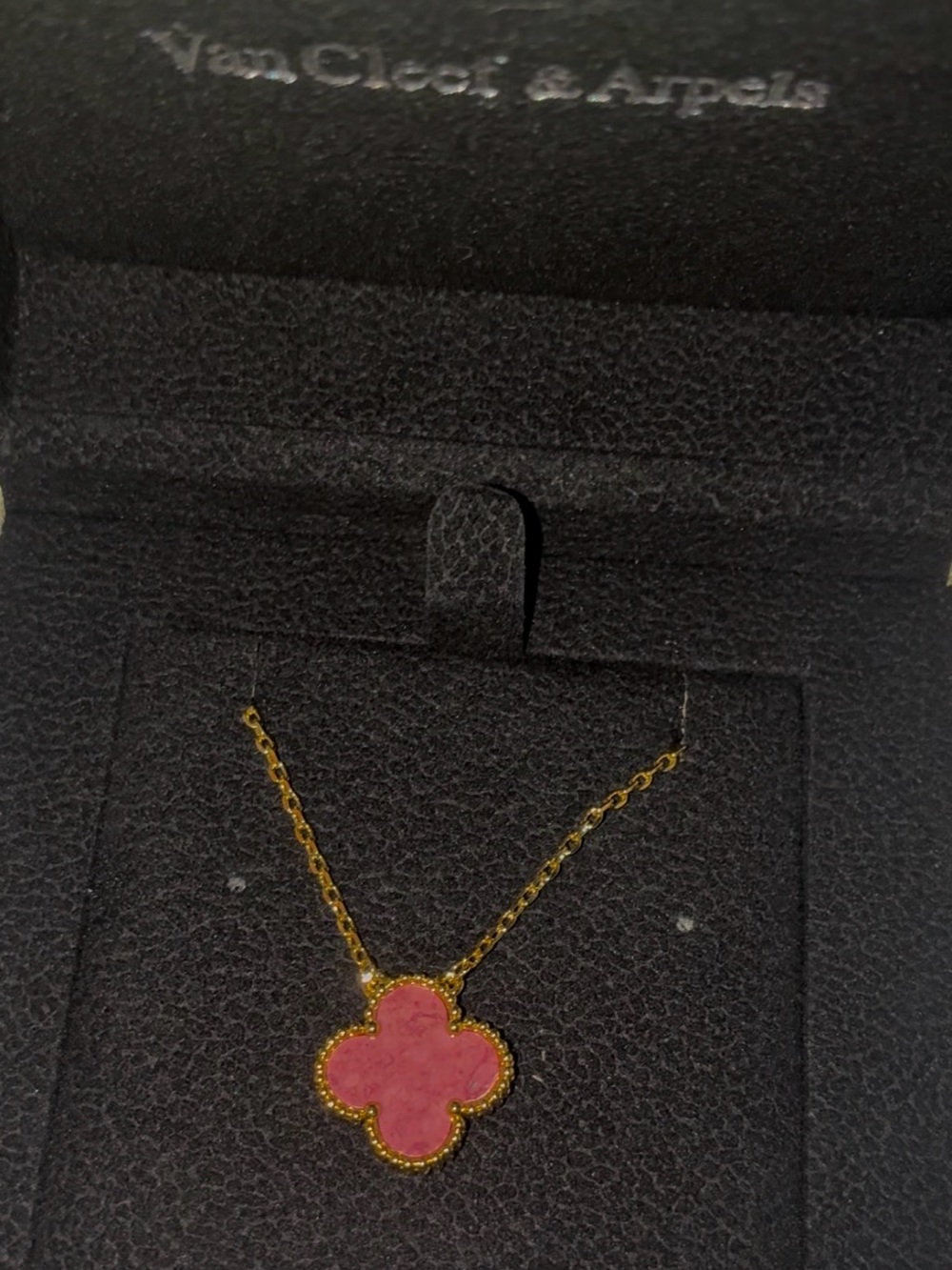 Van Cleef & Arpels Gold Necklace with Pink Alhambra Motif